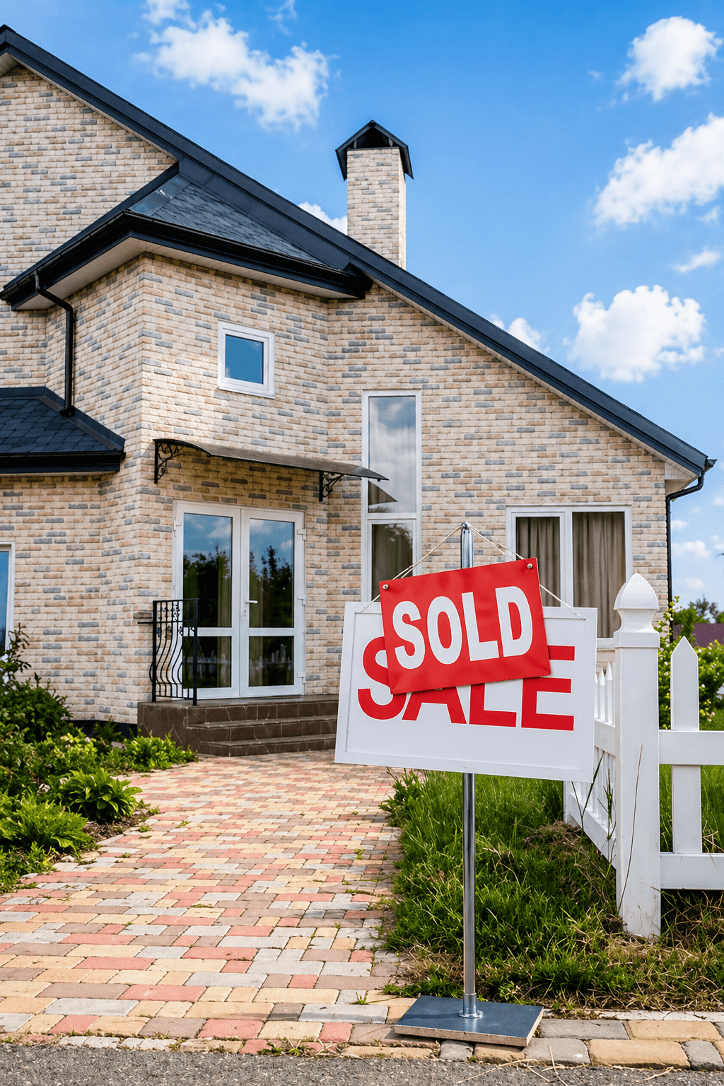 A two-story brick home with a SOLD sign at the front of the driveway