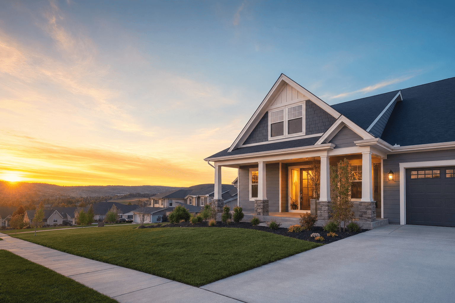 A tidy two-story home at golden hour, sold and closed